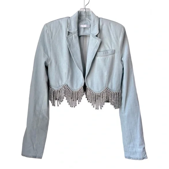 ⚡️⚡️AREA Scalloped Embellished Cropped Denim Jacket in Pale Blue, Size 4,NWT - Picture 12 of 17